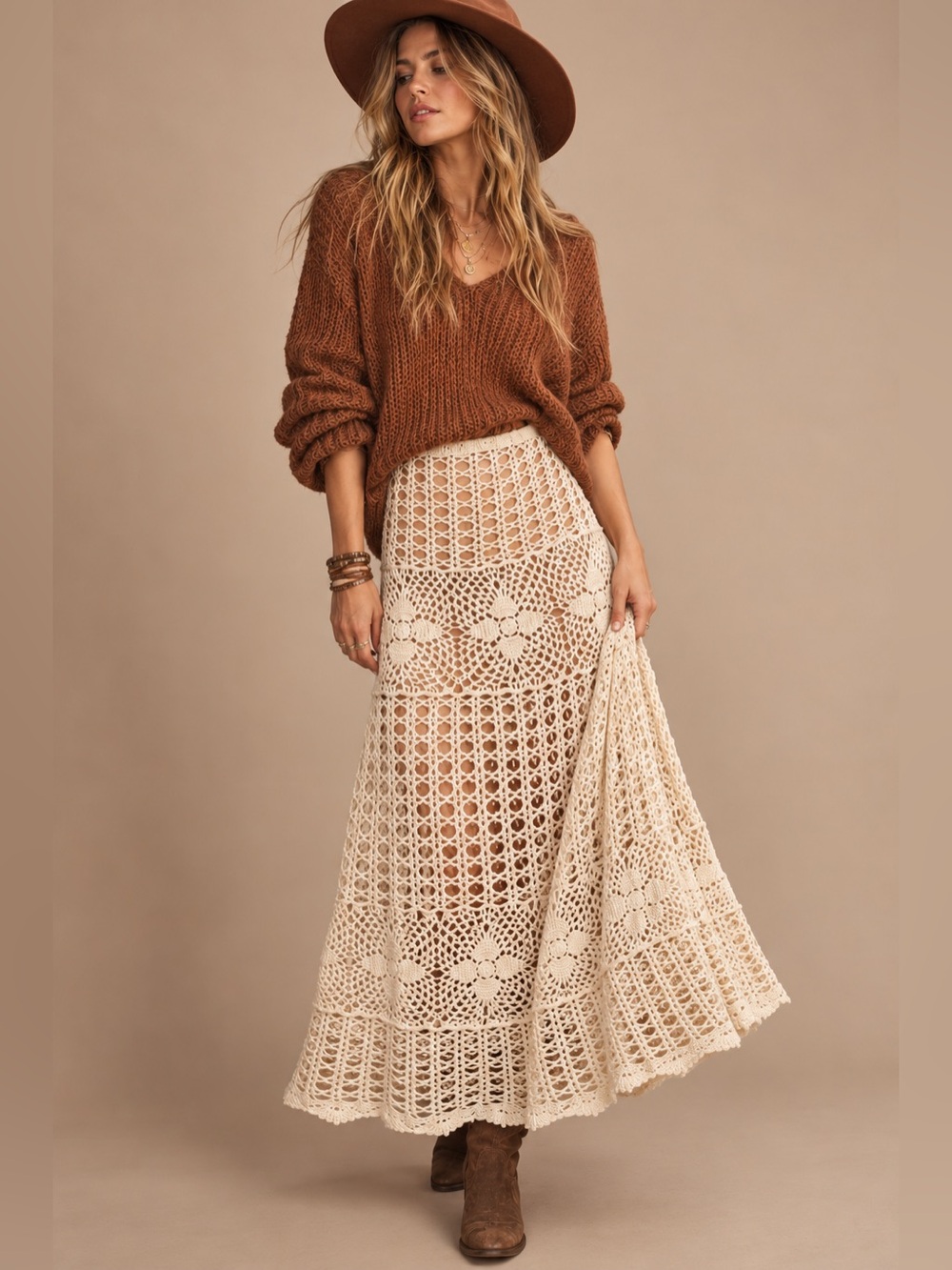 Boutique Boho Crochet Maxi Skirt in Cream Size Large